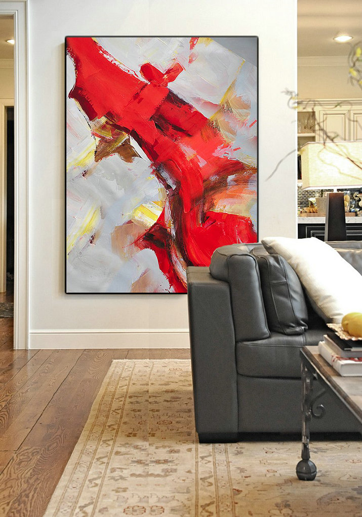 Vertical Palette Knife Contemporary Art,Large Canvas Art,Modern Art Abstract Painting,Red,Grey,White,Brown